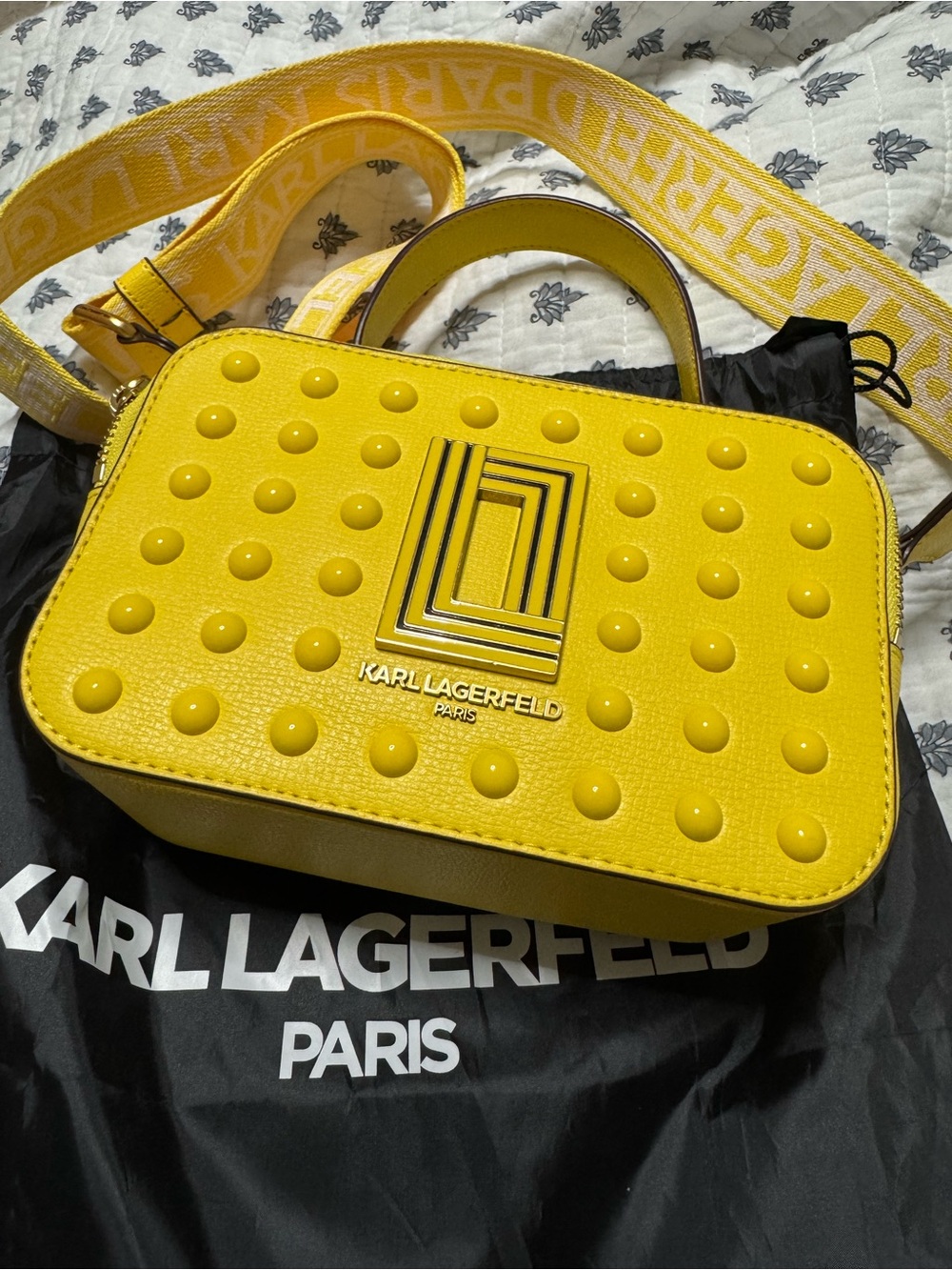 Karl Lagerfeld Yellow Stud-Embellished Crossbody Bag with Logo Plaque